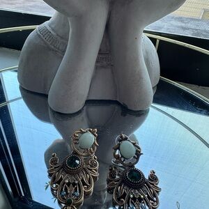 Ornate Gold and Green Drop Earrings